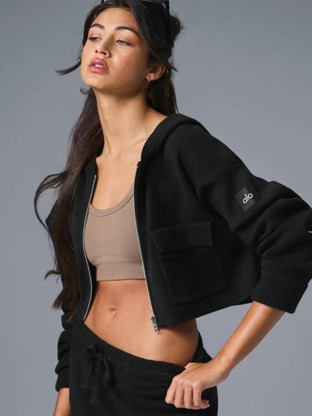 Alo Yoga Scholar Knit Cargo Full Zip Hoodie - Black Size Large